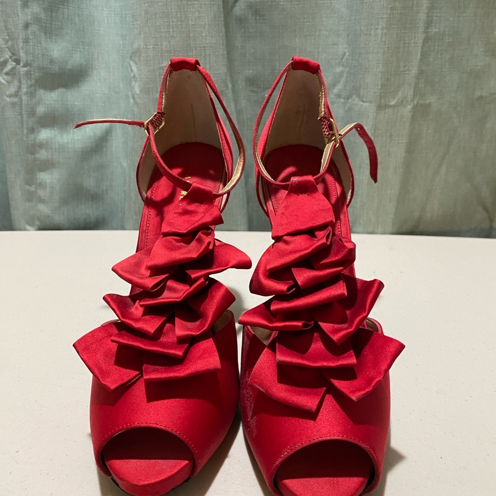 Red satin dressy shoes